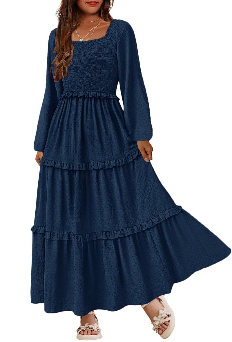 HOSIKA Girls Fall Long Sleeve Swiss Dot Smocked A-Line Ruffle Tiered Flowy Maxi Dress with Pockets 6-12 Y Navy Blue - Image 1