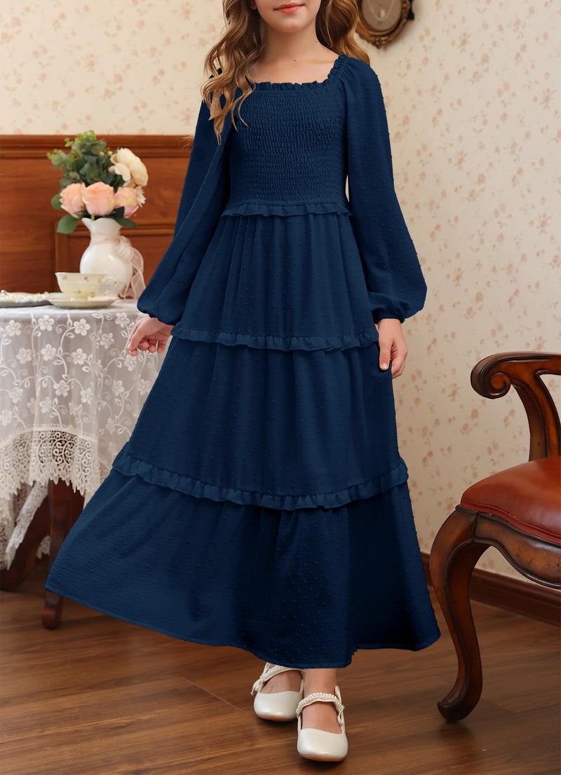 HOSIKA Girls Fall Long Sleeve Swiss Dot Smocked A-Line Ruffle Tiered Flowy Maxi Dress with Pockets 6-12 Y Navy Blue - Image 2