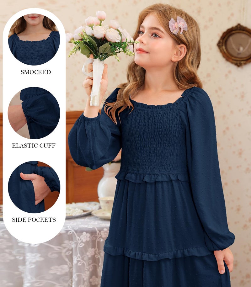 HOSIKA Girls Fall Long Sleeve Swiss Dot Smocked A-Line Ruffle Tiered Flowy Maxi Dress with Pockets 6-12 Y Navy Blue - Image 5