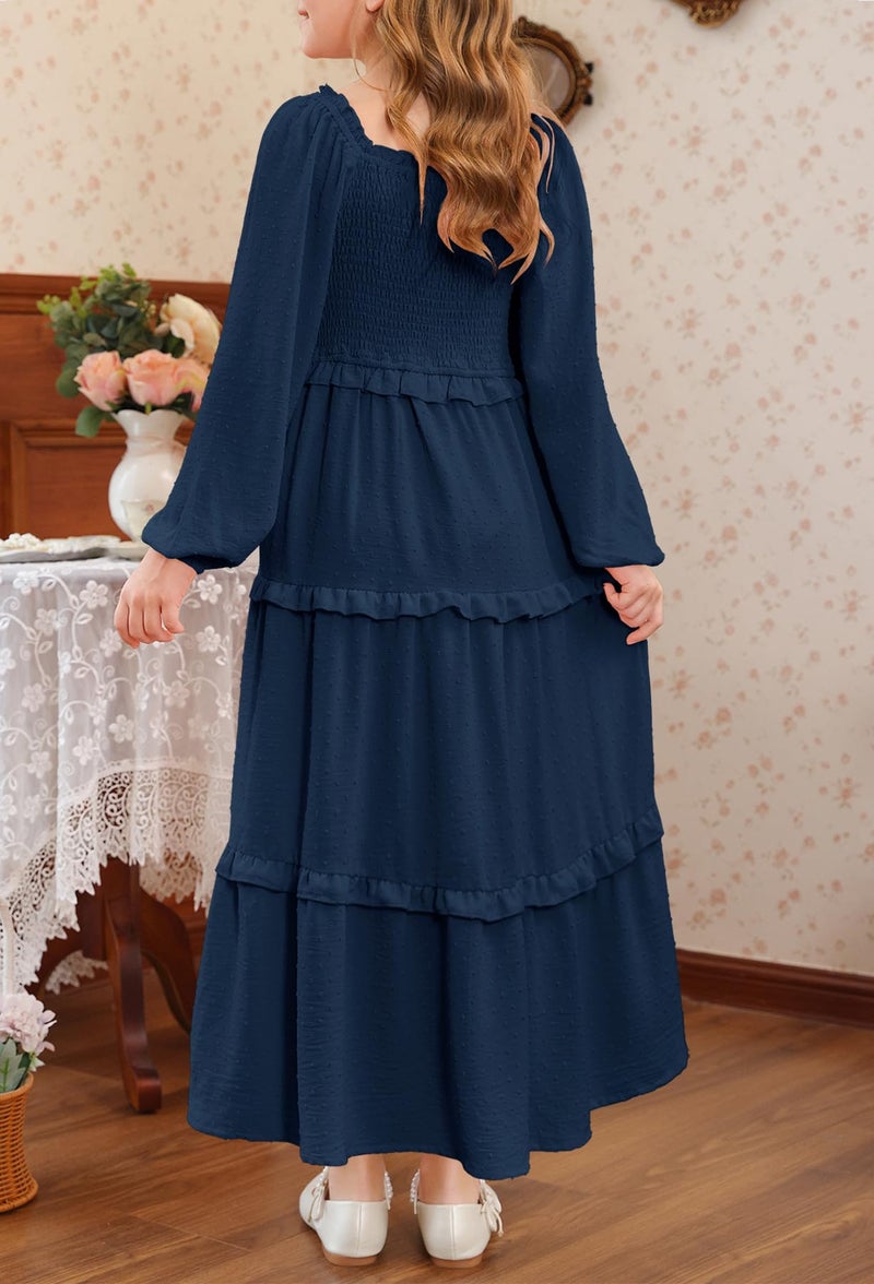 HOSIKA Girls Fall Long Sleeve Swiss Dot Smocked A-Line Ruffle Tiered Flowy Maxi Dress with Pockets 6-12 Y Navy Blue - Image 3