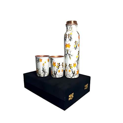 Piepot Copper Water Bottle 1 Ltr | Copper Water Bottle with Glass Set | Meena Work | 100% Pure | Leak-Proof | 2 Water Glass 300ml each | Best for Gifting ((Meena Worked - Leaf Design - 1)) - Image 1