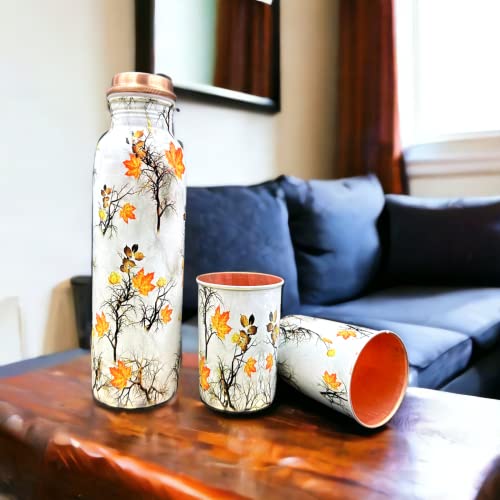 Piepot Copper Water Bottle 1 Ltr | Copper Water Bottle with Glass Set | Meena Work | 100% Pure | Leak-Proof | 2 Water Glass 300ml each | Best for Gifting ((Meena Worked - Leaf Design - 1)) - Image 2
