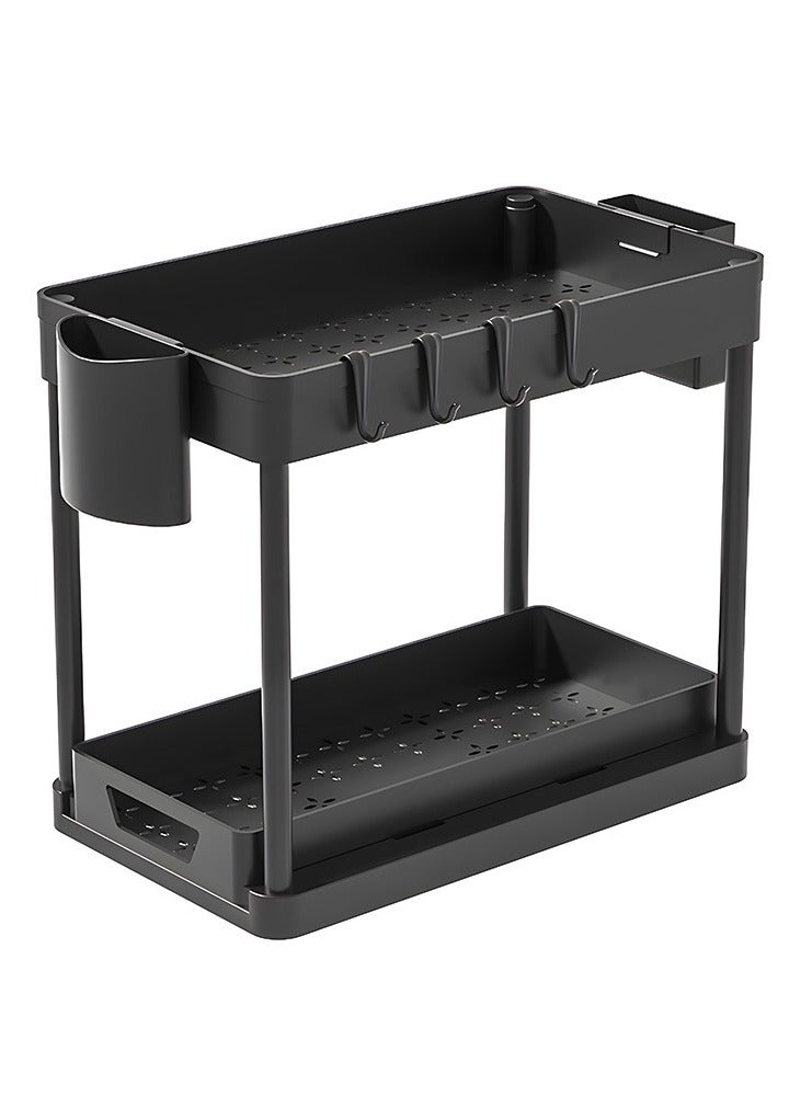 GuRiver Under Sliding Cabinet Basket Organizer, 2 Tier Under Sink Organizers with 2 Hanging Cup & 4 hooks, Multi-purpose Storage Pull Out Sliding Drawer, Storage Under Cabinet for Kitchen, Bathroom - Image 1