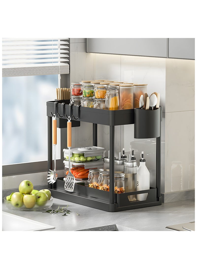 GuRiver Under Sliding Cabinet Basket Organizer, 2 Tier Under Sink Organizers with 2 Hanging Cup & 4 hooks, Multi-purpose Storage Pull Out Sliding Drawer, Storage Under Cabinet for Kitchen, Bathroom - Image 2