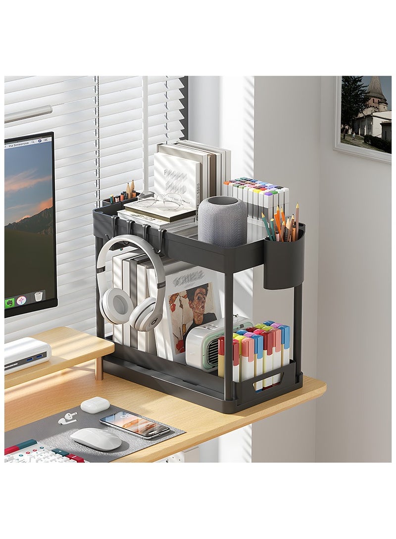 GuRiver Under Sliding Cabinet Basket Organizer, 2 Tier Under Sink Organizers with 2 Hanging Cup & 4 hooks, Multi-purpose Storage Pull Out Sliding Drawer, Storage Under Cabinet for Kitchen, Bathroom - Image 3