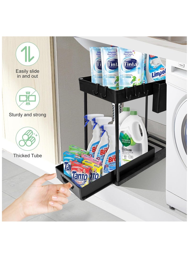 GuRiver Under Sliding Cabinet Basket Organizer, 2 Tier Under Sink Organizers with 2 Hanging Cup & 4 hooks, Multi-purpose Storage Pull Out Sliding Drawer, Storage Under Cabinet for Kitchen, Bathroom - Image 4
