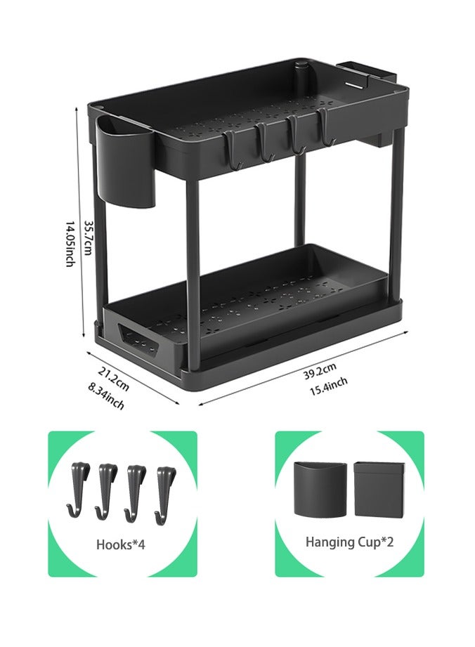 GuRiver Under Sliding Cabinet Basket Organizer, 2 Tier Under Sink Organizers with 2 Hanging Cup & 4 hooks, Multi-purpose Storage Pull Out Sliding Drawer, Storage Under Cabinet for Kitchen, Bathroom - Image 5