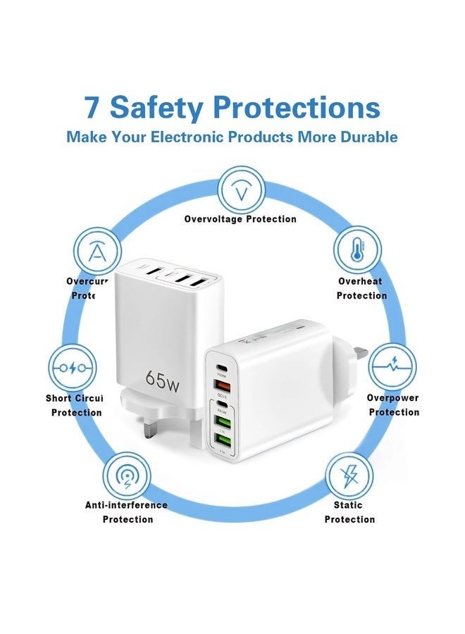 UK standard USB-C charger plug, 65W 5-port fast charging plug, PD power adapter, with 2-meter data cable, suitable for iPhone/Samsung/Huawei/Tablet. - Image 4