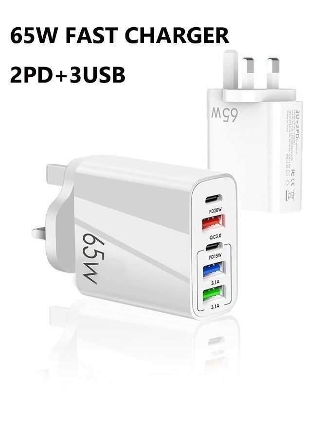 UK standard USB-C charger plug, 65W 5-port fast charging plug, PD power adapter, with 2-meter data cable, suitable for iPhone/Samsung/Huawei/Tablet. - Image 1