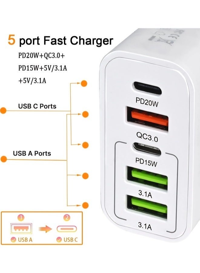 UK standard USB-C charger plug, 65W 5-port fast charging plug, PD power adapter, with 2-meter data cable, suitable for iPhone/Samsung/Huawei/Tablet. - Image 3