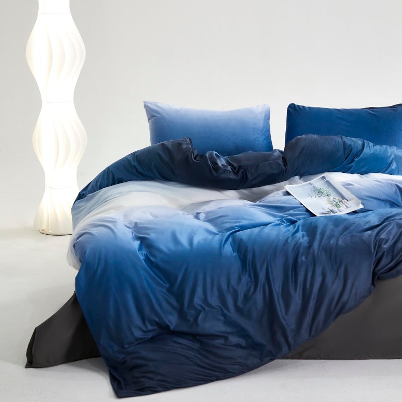 CLOTHKNOW Blue White Fluffy Comforter Set King 3Pcs Gradient Blue White Bedding Comforter Sets Velvet Comforter Soft Dark Blue White King Comforter Set - Image 5