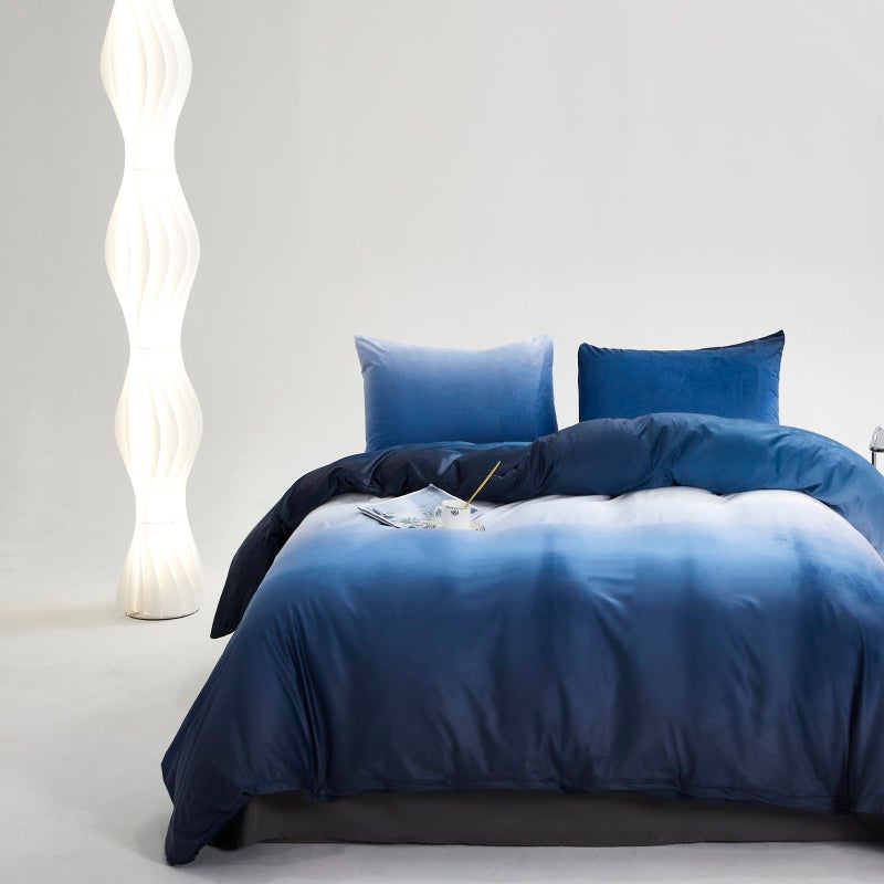 CLOTHKNOW Blue White Fluffy Comforter Set King 3Pcs Gradient Blue White Bedding Comforter Sets Velvet Comforter Soft Dark Blue White King Comforter Set - Image 2