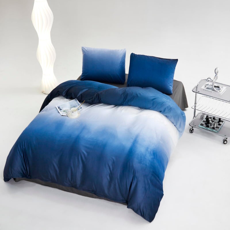 CLOTHKNOW Blue White Fluffy Comforter Set King 3Pcs Gradient Blue White Bedding Comforter Sets Velvet Comforter Soft Dark Blue White King Comforter Set - Image 3