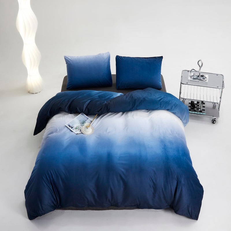 CLOTHKNOW Blue White Fluffy Comforter Set King 3Pcs Gradient Blue White Bedding Comforter Sets Velvet Comforter Soft Dark Blue White King Comforter Set - Image 1