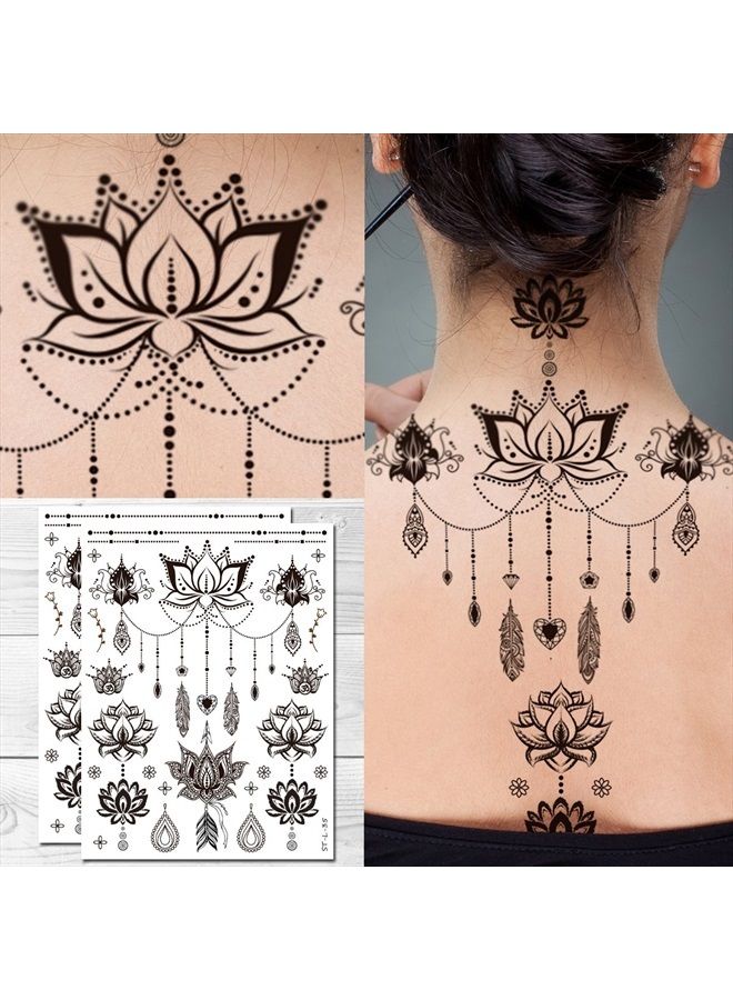 Supperb Temporary Tattoos - Mandala Floral Lotus Feather Flower Jewelry Bohemian Tattoo (Set of 2) 