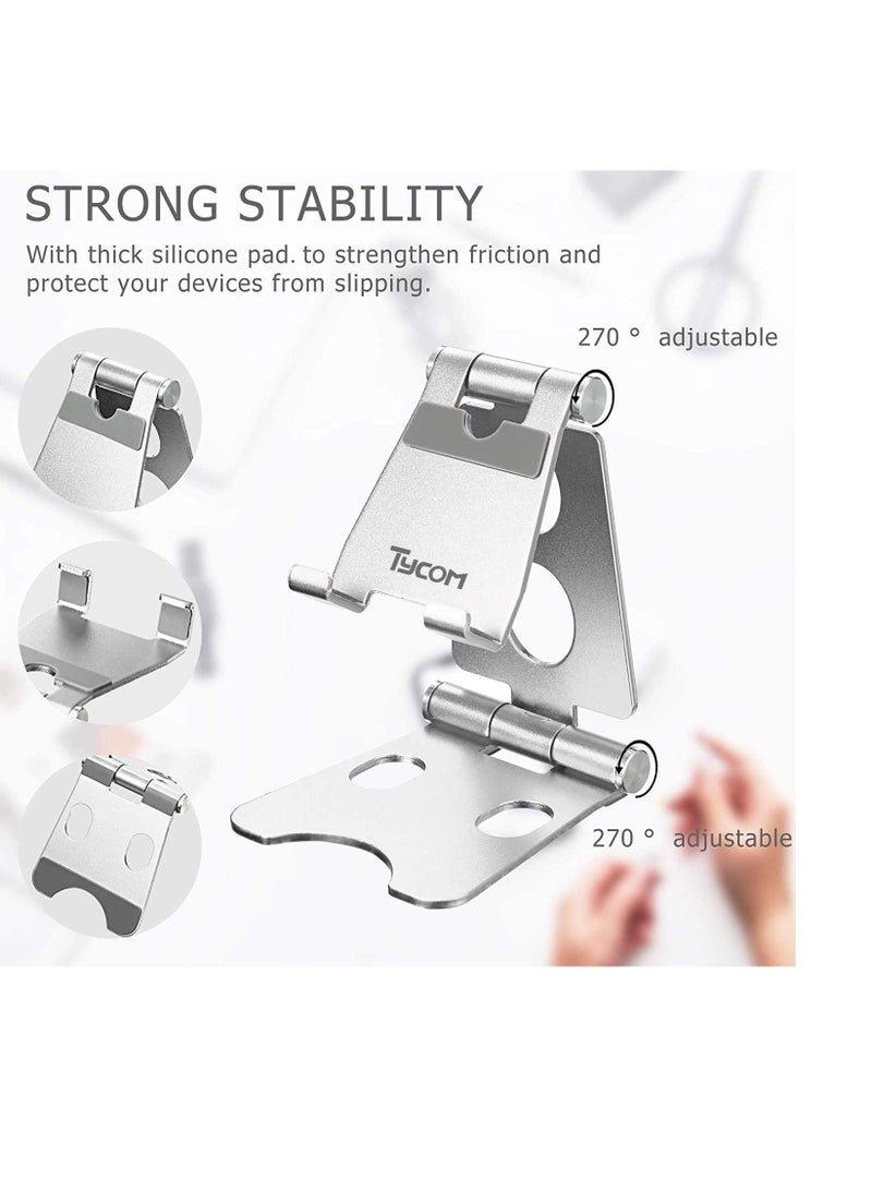 TYCOM Desktop Cell Phone Stand, Double Adjustable Mobile Phone Tablet Holder, Aluminum Portable Desk Stand for iPhone 11, iPhone X, iPhone 8 7, Samsung, Galaxy S9 S8, iPad (Silver) - Image 2