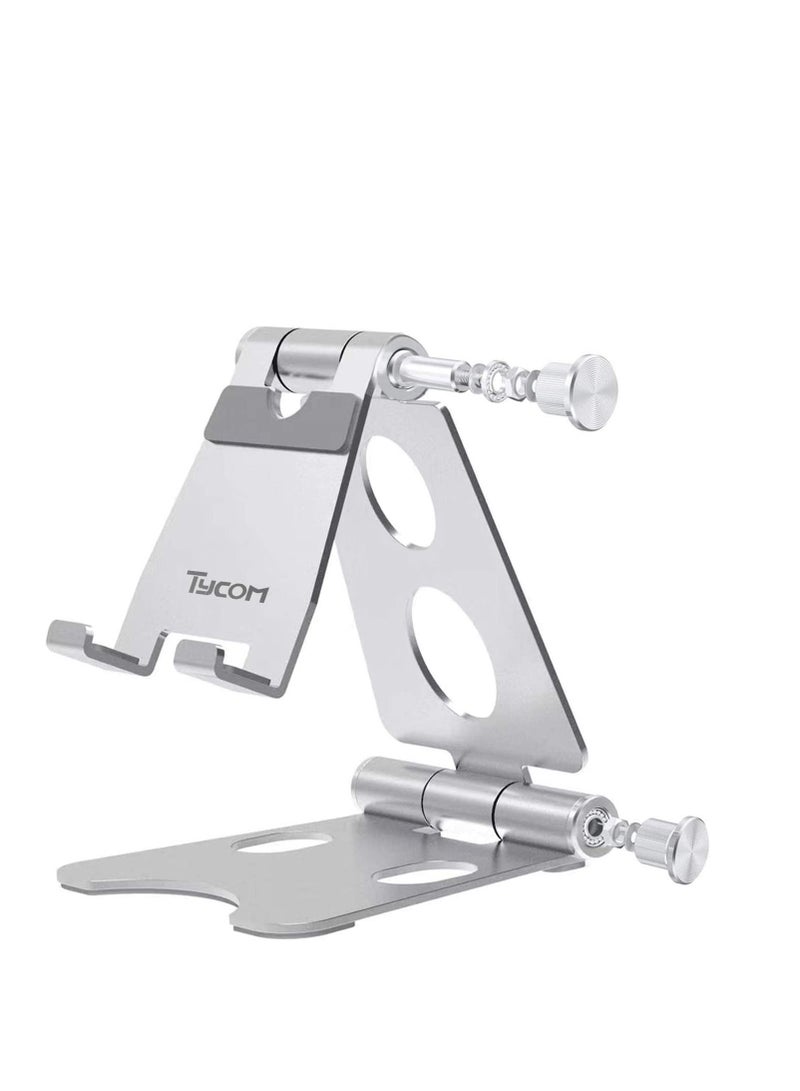 TYCOM Desktop Cell Phone Stand, Double Adjustable Mobile Phone Tablet Holder, Aluminum Portable Desk Stand for iPhone 11, iPhone X, iPhone 8 7, Samsung, Galaxy S9 S8, iPad (Silver) - Image 1