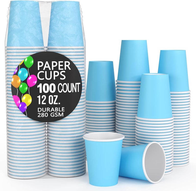Party Solids Light Blue Paper Cups 12 oz Durable Disposable Cups 100 Paper Tumblers for Hot Drinks and Cold Drinks Thick 280 GSM Hot Cup for Tea & Coffee Cup To Go Fun Colors for Parties & Events - Image 1