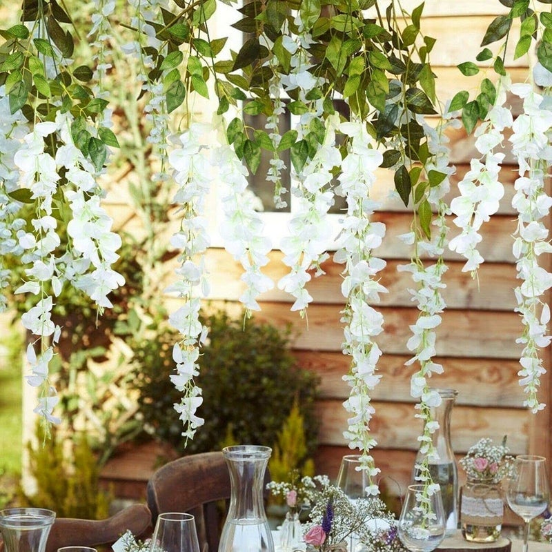 WEISPARK Fake Hanging Flowers - 24 Pieces 3.75 Feet/Piece Artificial Wisteria Vine Ratta Hanging Garland Silk Flowers for Home Party Wedding Decor (White-24pcs) - Image 4