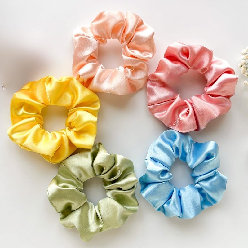 Silvr Bear Luxury Satin Scrunchies SAME 5 COLORS AS PIC, Anti-Hair-Breakage, Hair Ties, Scrunchies Set for Girls, Women, Best gift for Sister, Friend, Mom (Pastel Shades) - Image 1