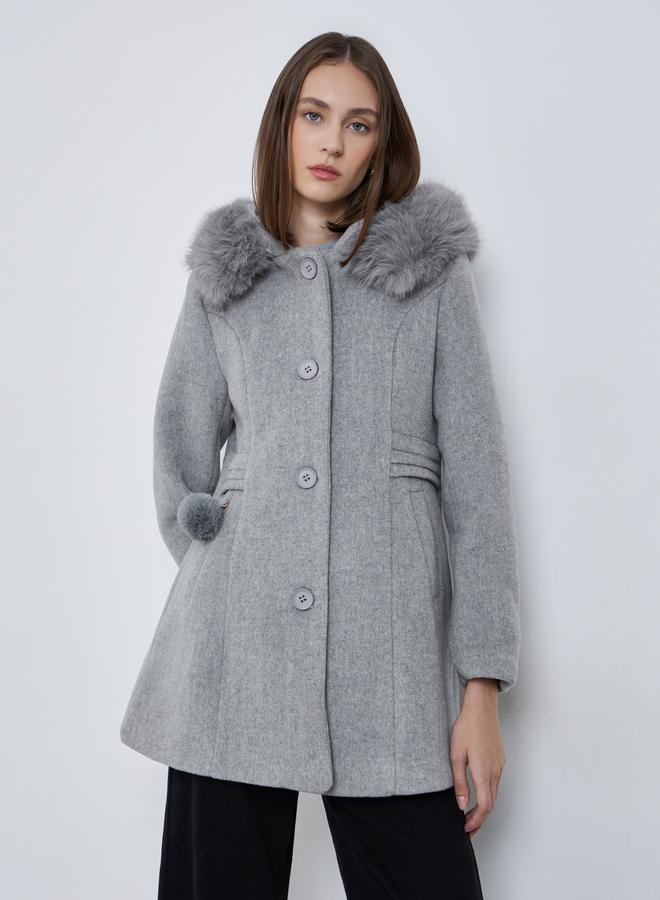 ستايلي معطف طويل بمظهر صوف مع ياقة هودي بفرو صناعي - Image 4