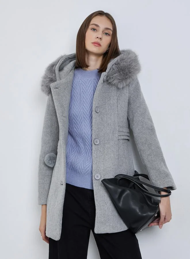 Styli Grey Longline Wool Like Coat with Faux Fur Hood