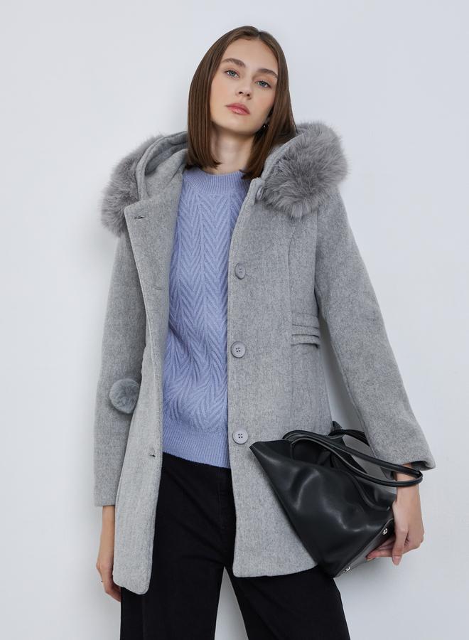 ستايلي معطف طويل بمظهر صوف مع ياقة هودي بفرو صناعي - Image 1