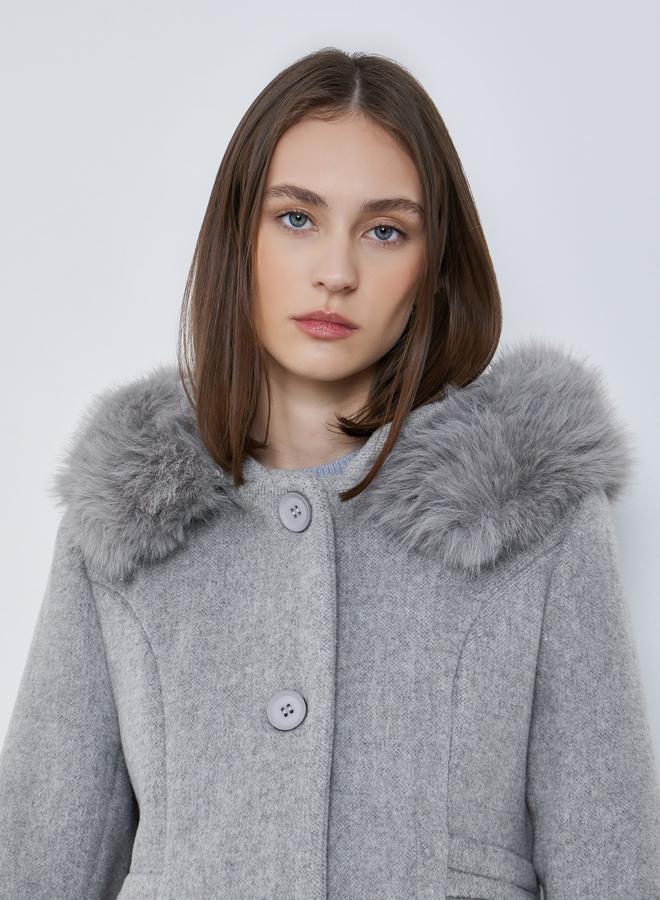 ستايلي معطف طويل بمظهر صوف مع ياقة هودي بفرو صناعي - Image 5