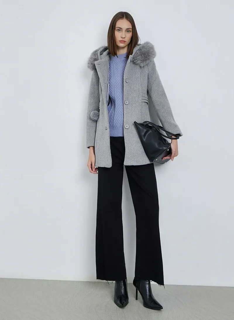 Styli Grey Longline Wool Like Coat with Faux Fur Hood