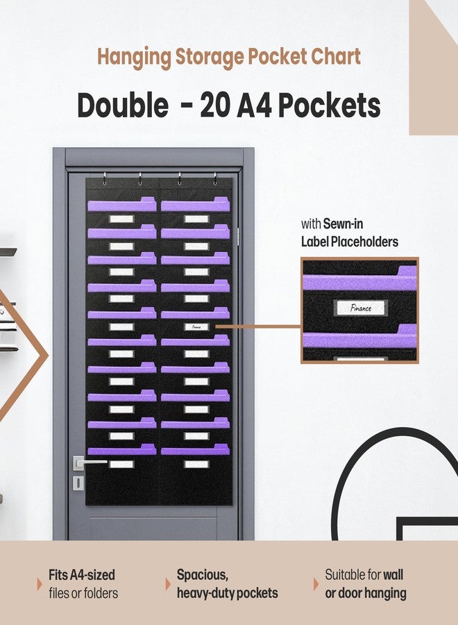 Hippo Creation Heavy Duty Storage Pocket Chart for Classroom, 20 Pocket Storage Organizer with 4 Over-Door Hangers, Hanging Wall Organizer for File Folders, School Mailbox, Home Office Papers - Black - Image 2