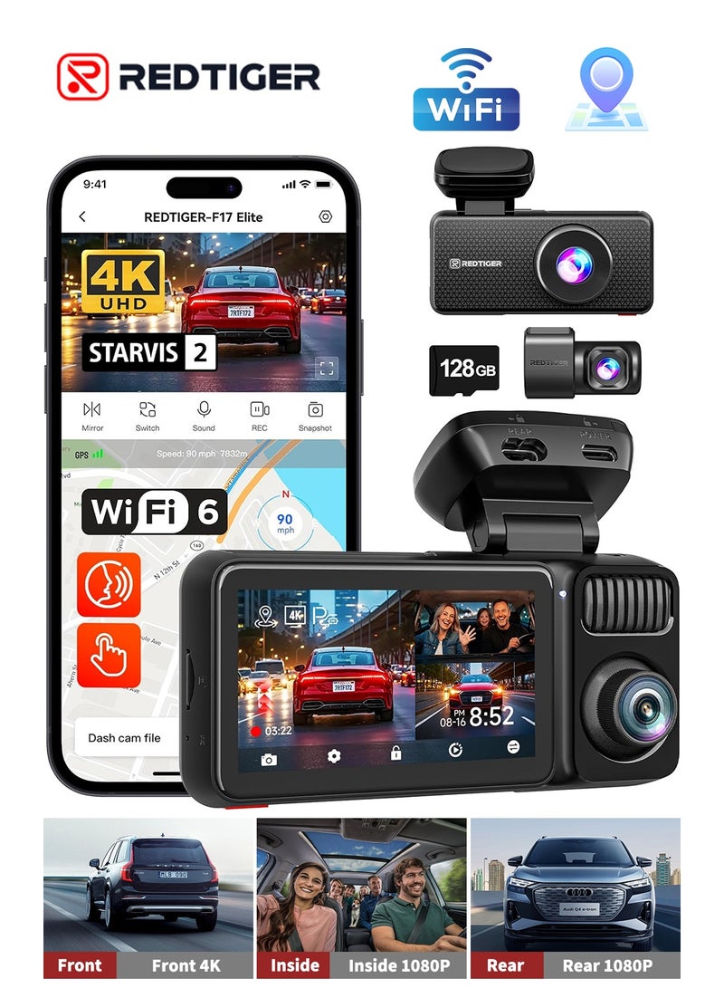 REDTIGER F17 Elite 4K 3 Channel Dash Cam, STARVIS 2 IMX678 & IMAX 675, 128GB Card, Full Night Color, 4K+2.5K+1080P Front and Rear Inside, Touch Screen, Voice Control, 5GHz WiFi, GPS, HDR, Parking Mode - Image 1