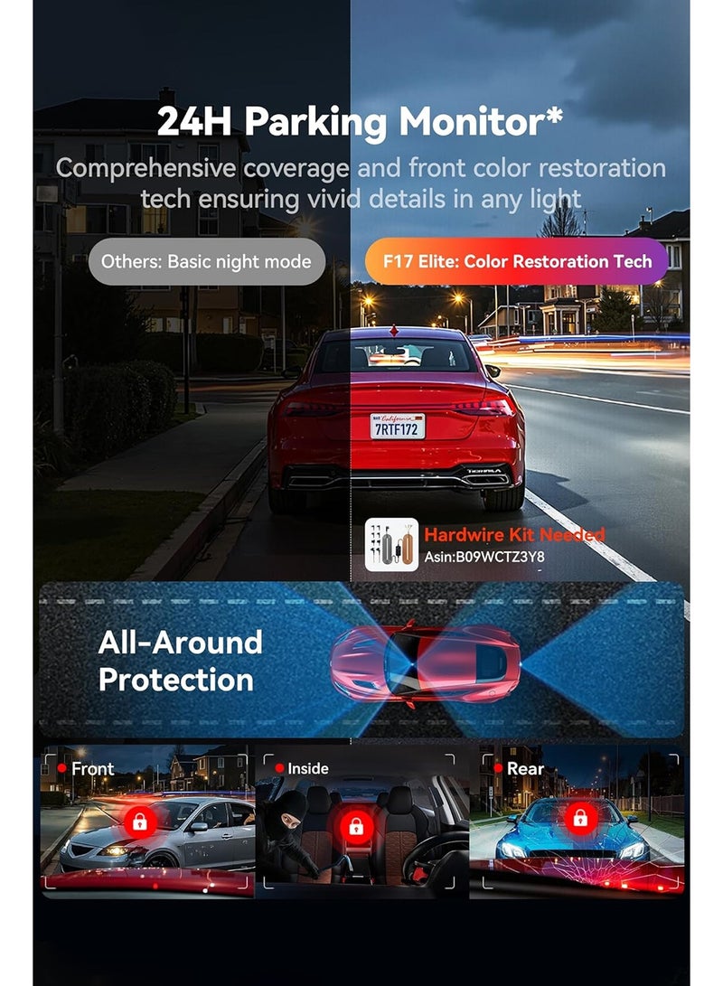 REDTIGER F17 Elite 4K 3 Channel Dash Cam, STARVIS 2 IMX678 & IMAX 675, 128GB Card, Full Night Color, 4K+2.5K+1080P Front and Rear Inside, Touch Screen, Voice Control, 5GHz WiFi, GPS, HDR, Parking Mode - Image 4