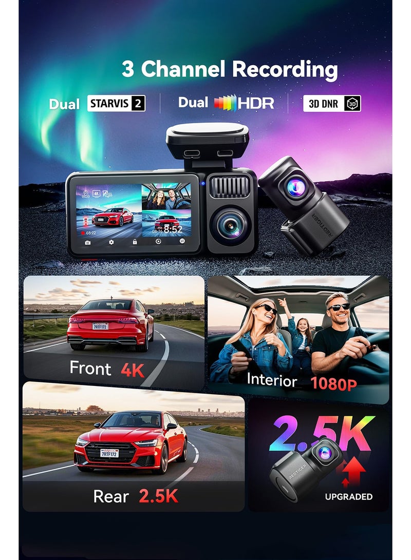 REDTIGER F17 Elite 4K 3 Channel Dash Cam, STARVIS 2 IMX678 & IMAX 675, 128GB Card, Full Night Color, 4K+2.5K+1080P Front and Rear Inside, Touch Screen, Voice Control, 5GHz WiFi, GPS, HDR, Parking Mode - Image 2