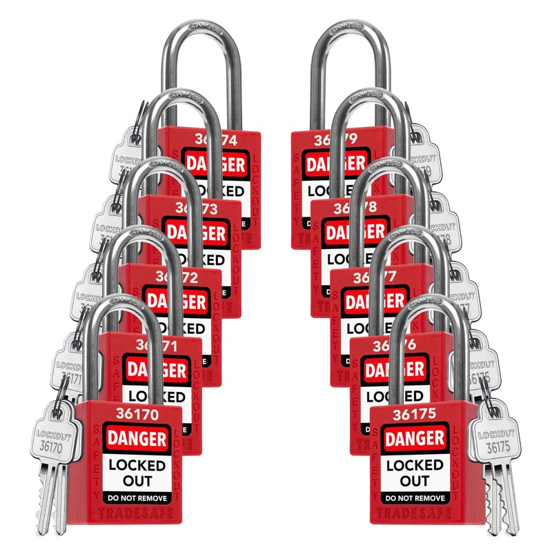 TRADESAFE Lockout Tagout Locks Set - 10 Red Loto Locks, Lockout Locks Keyed Different, 2 Keys Per Lock, OSHA Compliant Lock Out Tag Out Padlocks, Safety Padlocks for Electrical Lockout Tag Out Kits - Image 1