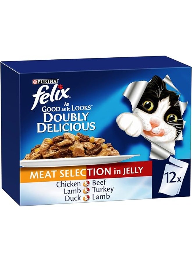 Felix As Good As It Looks Doubly Delicious Wet Cat Food, Meat Selections in Jelly, 85g (Pack of 12)
