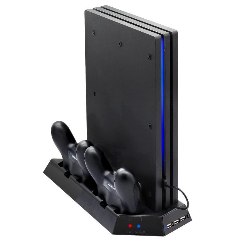 FASTSNAIL Vertical Stand for PS4 Pro with Cooling Fan, Controller Charging Station for PlayStation 4 Pro, Charger for DualShock 2 Controller with LED Indicator for PS4 Pro Accessories - Image 1