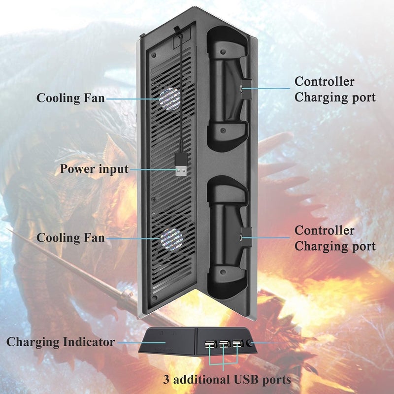 FASTSNAIL Vertical Stand for PS4 Pro with Cooling Fan, Controller Charging Station for PlayStation 4 Pro, Charger for DualShock 2 Controller with LED Indicator for PS4 Pro Accessories - Image 4