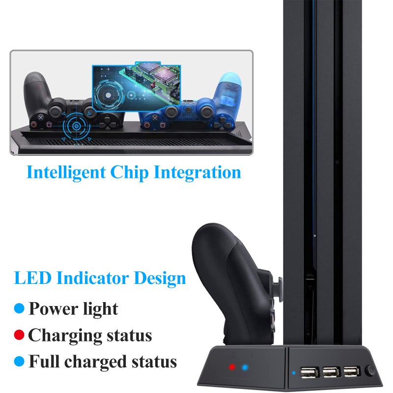 FASTSNAIL Vertical Stand for PS4 Pro with Cooling Fan, Controller Charging Station for PlayStation 4 Pro, Charger for DualShock 2 Controller with LED Indicator for PS4 Pro Accessories - Image 2