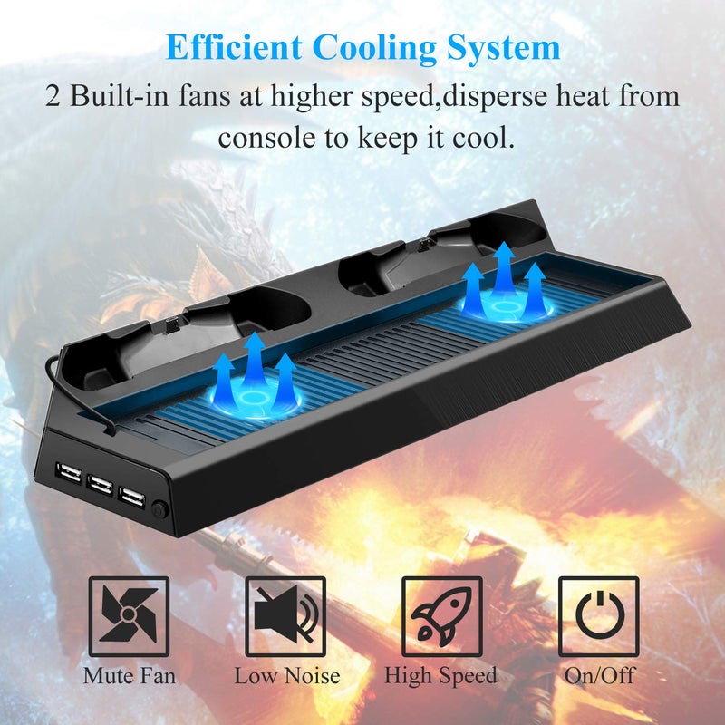FASTSNAIL Vertical Stand for PS4 Pro with Cooling Fan, Controller Charging Station for PlayStation 4 Pro, Charger for DualShock 2 Controller with LED Indicator for PS4 Pro Accessories - Image 3