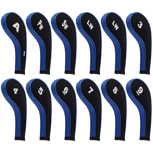 Andux 12pcs/Set Golf Iron Club Head Covers Number Print Long Neck with Zipper Black/Blue - Image 1