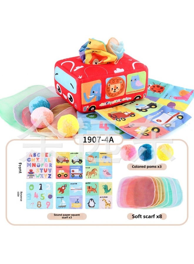 Baby Early Education Cloth Book Tissue Box Ring Paper Square Towel Cognitive Animal English Tear Not To Rip Children's Tissue Toy-Color:1907-4A Red Car Towel Box With Pompom 79.8 Grams Volume Weight 350 Grams  - Image 1