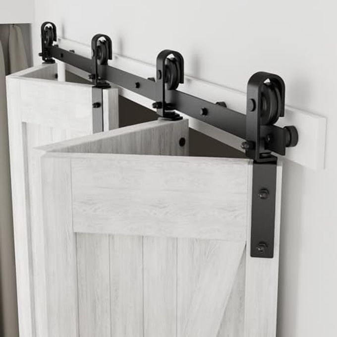 CCJH 72" Bi-Folding Sliding Barn Door Hardware Kit For 4 Doors,Slide Smoothly Quietly,Black Track J Shape Roller,No Door - Image 1