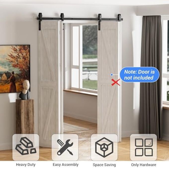 CCJH 72" Bi-Folding Sliding Barn Door Hardware Kit For 4 Doors,Slide Smoothly Quietly,Black Track J Shape Roller,No Door - Image 5
