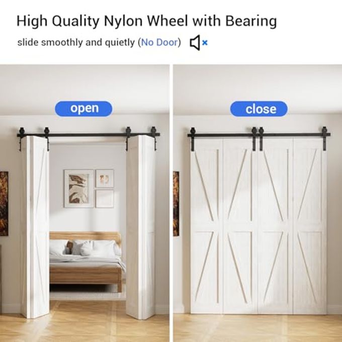 CCJH 72" Bi-Folding Sliding Barn Door Hardware Kit For 4 Doors,Slide Smoothly Quietly,Black Track J Shape Roller,No Door - Image 3