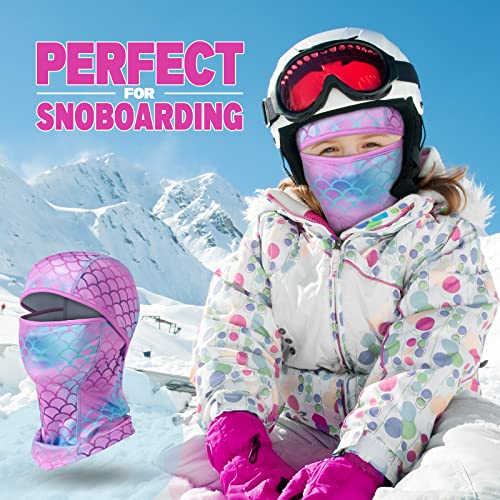 WAWSAM Mermaid Kids Balaclava Windproof Ski Face Warmer Neck Warmer for Boys Girls 3-10 Years Cold Weather Snowboarding Cycling Skiing Full Face Mask with Hood Balaclava Outdoor Sports Face Hat Purple - Image 2