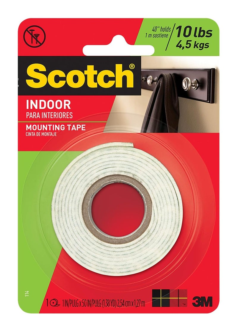 Scotch  Mount Indoor Tape 1 In X 50 In (2.54Cm X 1.27M) Holds Up 6.8 Kg Whole Roll White Color Multi-Surface Easy To Use No Tools Double Sided Adhesive Tape 1 Roll/Pack - Image 1