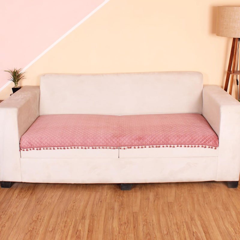 STITCHNEST 2 Seater Quilted Velvet Sofa Cover Protector with Pompom Peach - Image 1