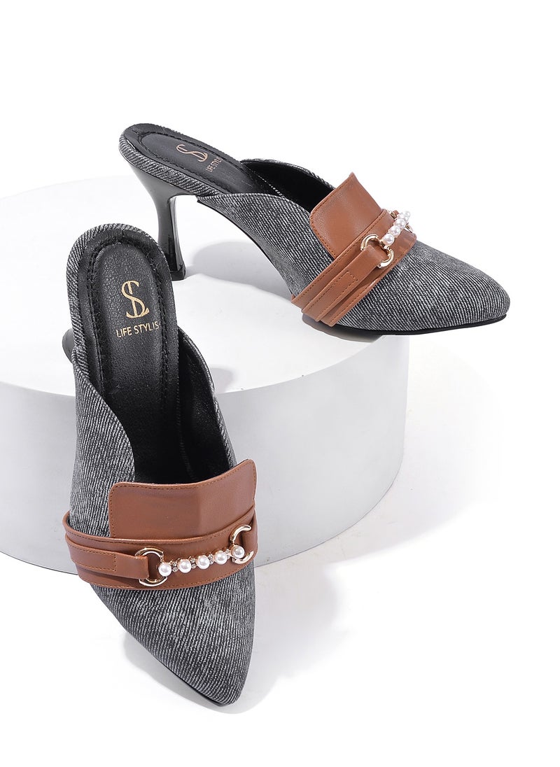 LIFESTYLISH - Shoes Heels Fabric And Leather F-10 - Black - Image 1