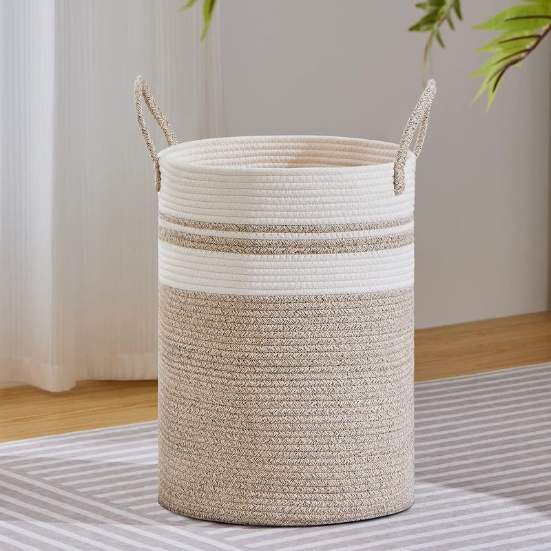 VIPOSCO Large Laundry Hamper, Tall Woven Rope Storage Basket for Blanket, Toys, Dirty Clothes in Living Room, Bathroom, Bedroom - 58L Brown & White - Image 1