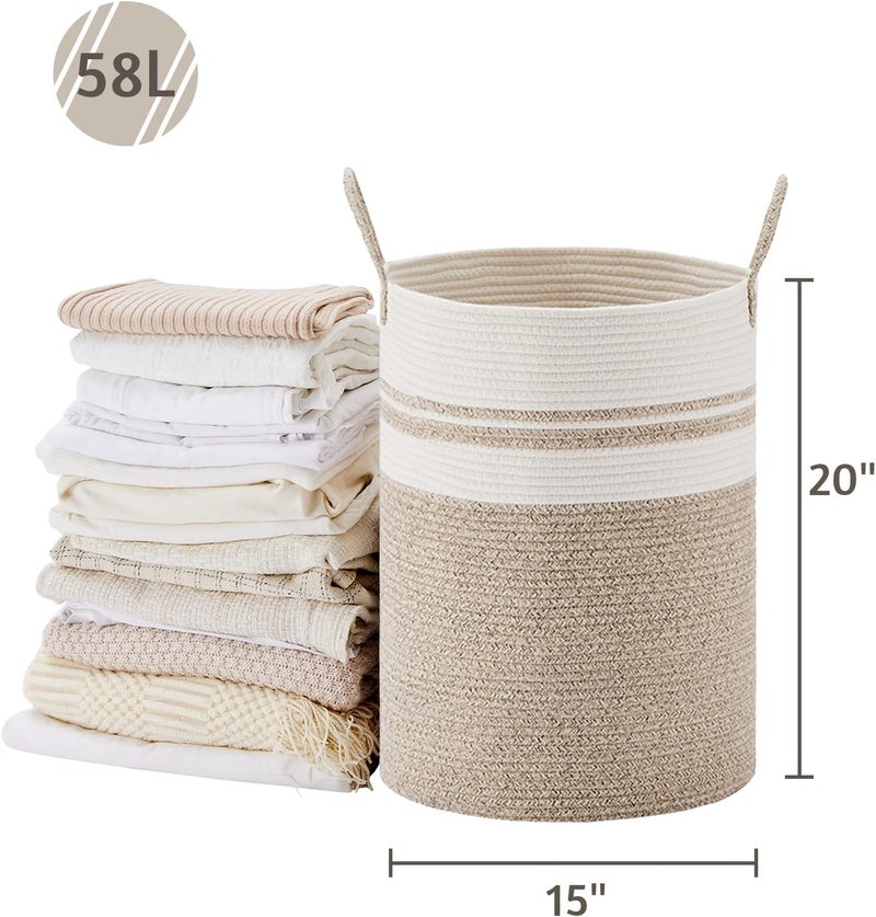 VIPOSCO Large Laundry Hamper, Tall Woven Rope Storage Basket for Blanket, Toys, Dirty Clothes in Living Room, Bathroom, Bedroom - 58L Brown & White - Image 5